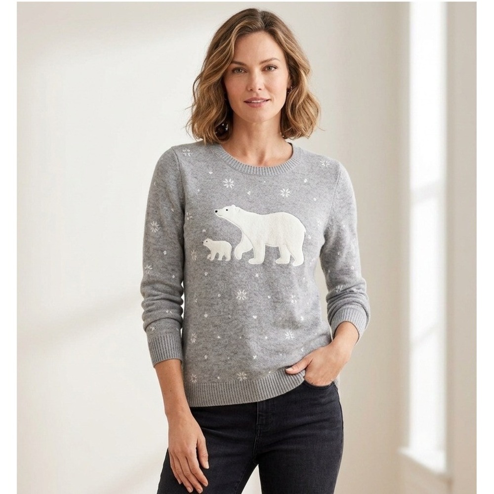 Talbots Polar Bear Intarsia Sweater Womens XL Gray Winter Holiday Crewneck
